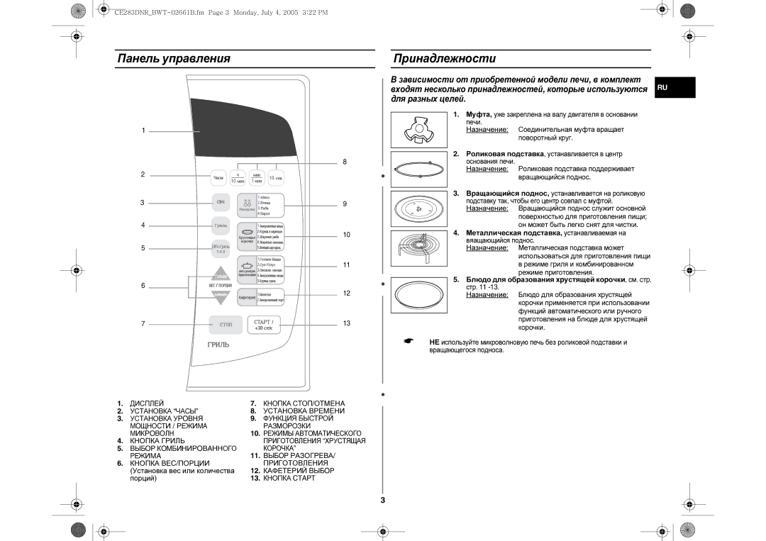 Samsung CE283DNR/BWT, CE283DNR-D/BWT manual Панель управления, Принадлежности, Установка вес или количества, Порций 