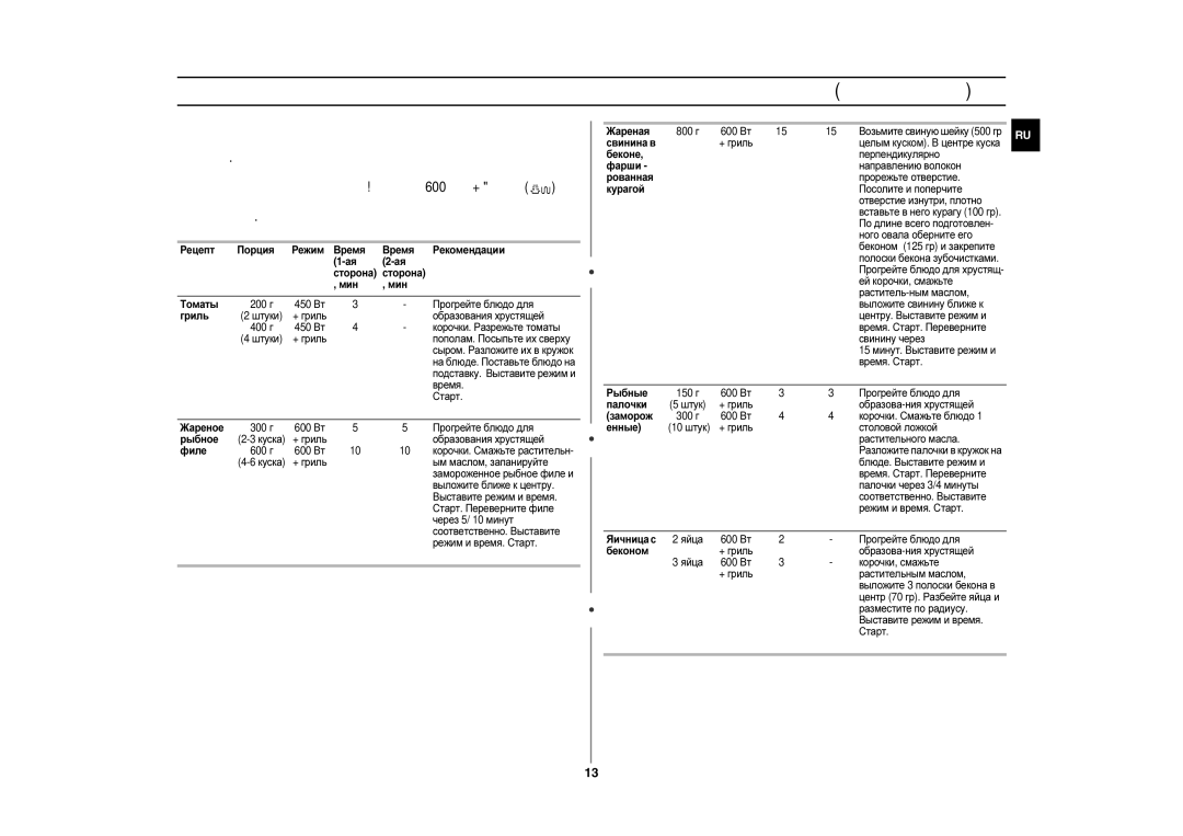 Samsung CE283DNR/BWT manual Рецепт Порция Режим Время Рекомендации, Сторона Мин Томаты, Прогрейте блюдо для, Гриль, Жареное 