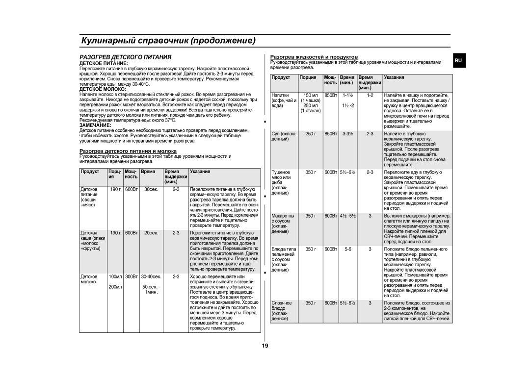 Samsung CE283DNR/BWT manual Разогрев Детского Питания, Разогрев детского питания и молока, Разогрев жидкостей и продуктов 