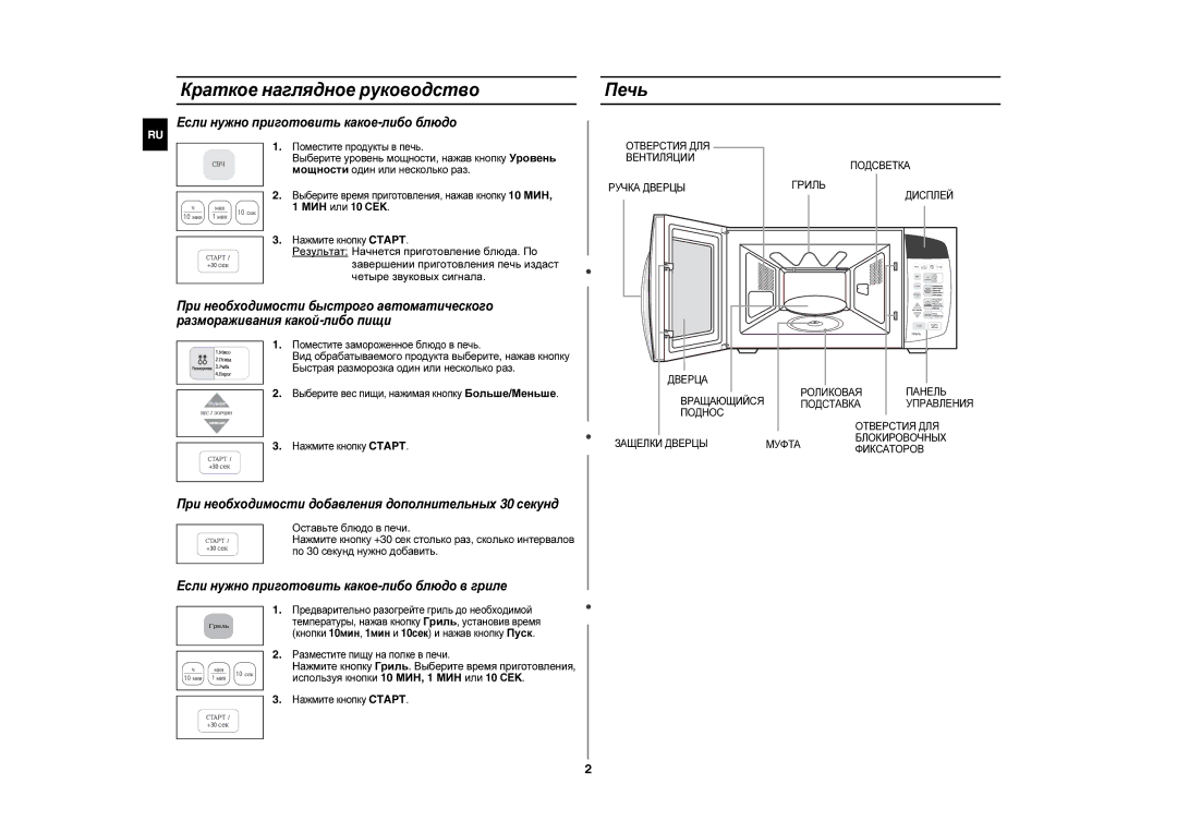 Samsung CE283DNR-D/BWT manual Краткое наглядное руководство, Печь, Нажмите кнопку Гриль. Выберите время приготовления 