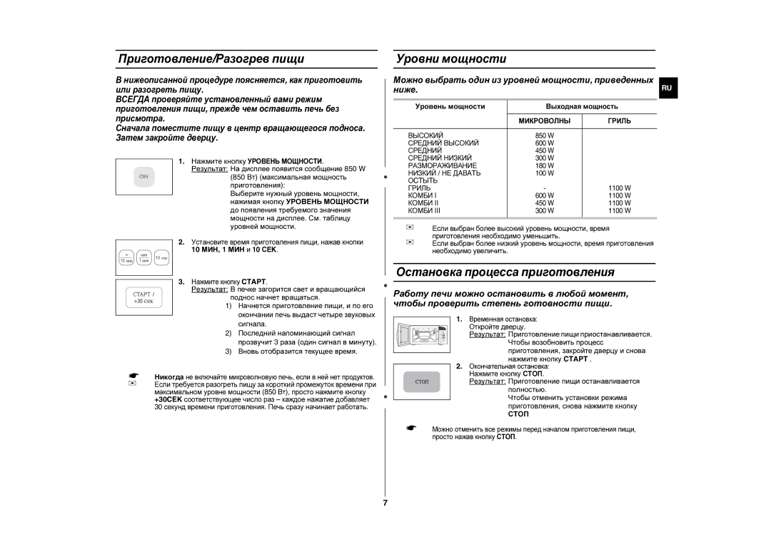 Samsung CE283DNR/BWT, CE283DNR-D/BWT manual Приготовление/Разогрев пищи, Уровни мощности, Остановка процесса приготовления 