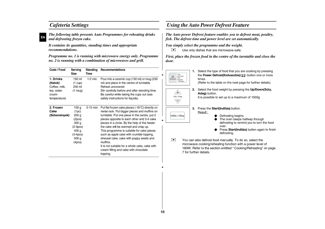 Samsung CE283GN-S/XEH, CE283GN/XEH manual Cafeteria Settings, Using the Auto Power Defrost Feature, Italok 