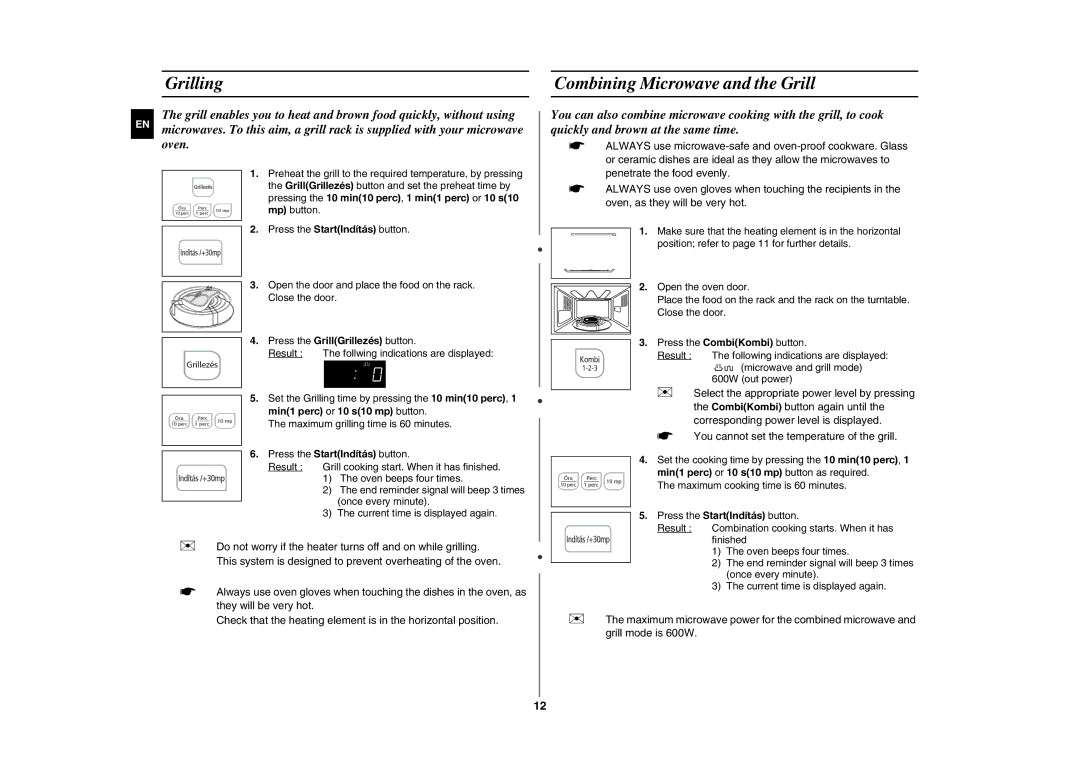 Samsung CE283GN-S/XEH, CE283GN/XEH manual Grilling, Combining Microwave and the Grill, Min1 perc or 10 s10 mp button 