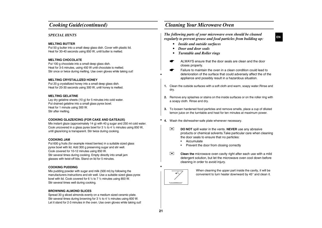 Samsung CE283GN/XEH, CE283GN-S/XEH manual Cleaning Your Microwave Oven, Special Hints 