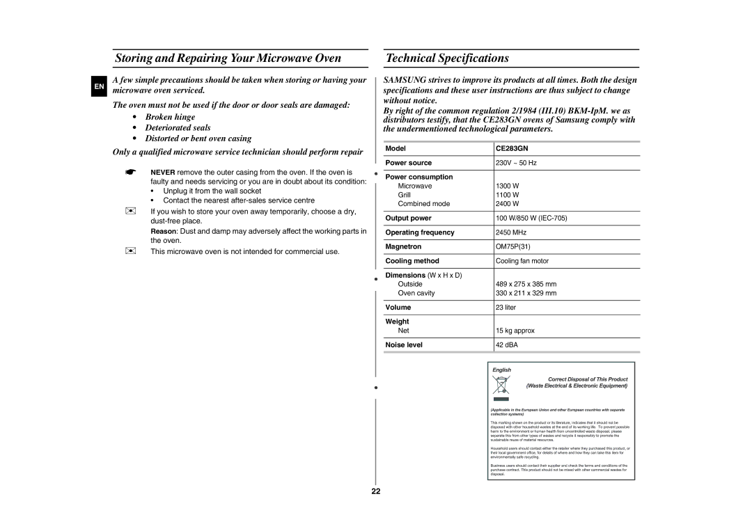 Samsung CE283GN-S/XEH, CE283GN/XEH manual 