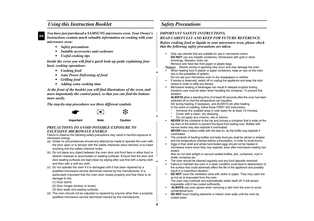 Samsung CE283GN-S/XEH, CE283GN/XEH manual Using this Instruction Booklet, Safety Precautions, Important Note Caution 