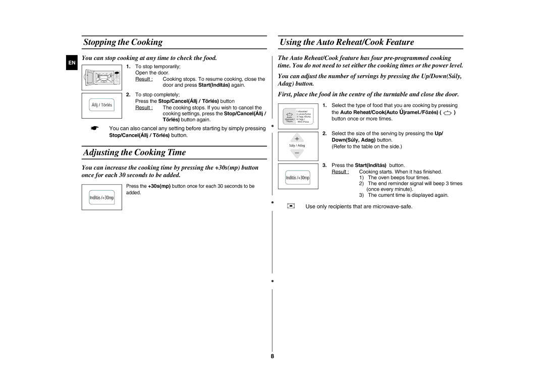 Samsung CE283GN-S/XEH, CE283GN/XEH Stopping the Cooking, Adjusting the Cooking Time, Using the Auto Reheat/Cook Feature 