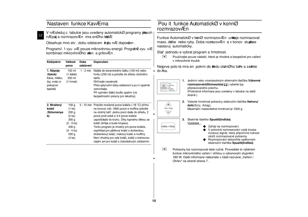 Samsung CE283GN-S/XEH, CE283GN/XEH manual Nastavení funkce Kavárna, Použití funkce Automatické výkonné rozmrazování 