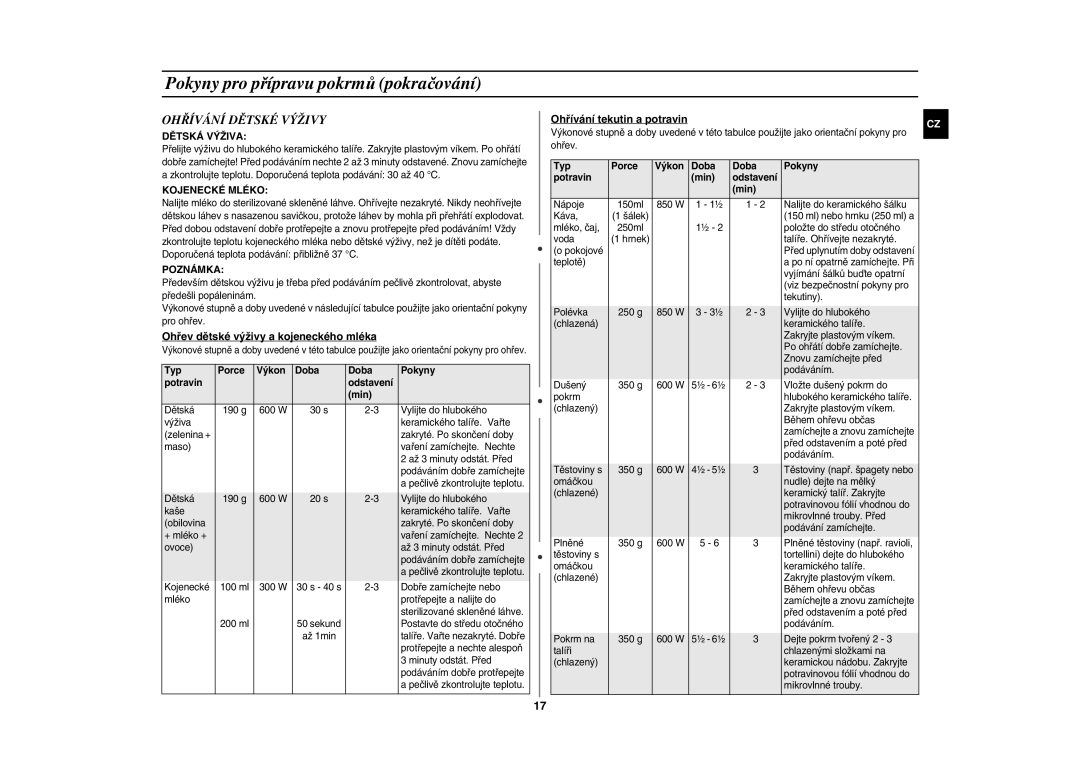 Samsung CE283GN/XEH, CE283GN-S/XEH manual Ohřívání Dětské Výživy, Dětská Výživa, Kojenecké Mléko, Poznámka 