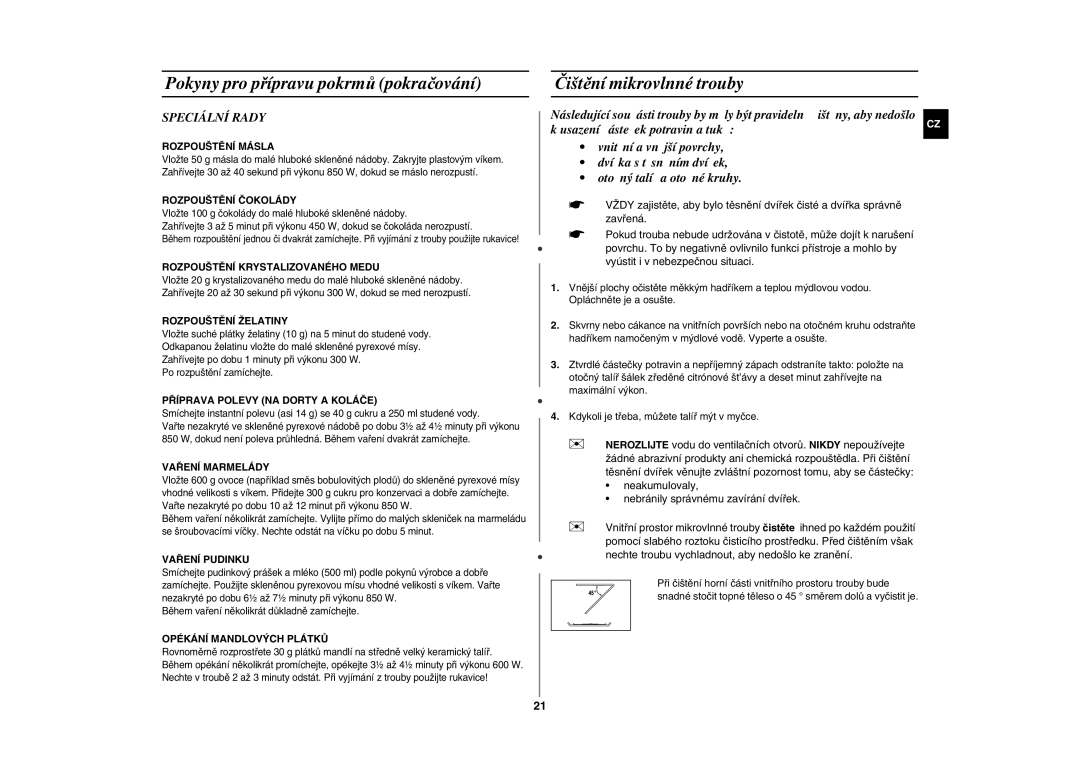 Samsung CE283GN/XEH, CE283GN-S/XEH manual Čištění mikrovlnné trouby, Speciální Rady, Usazení částeček potravin a tuků 