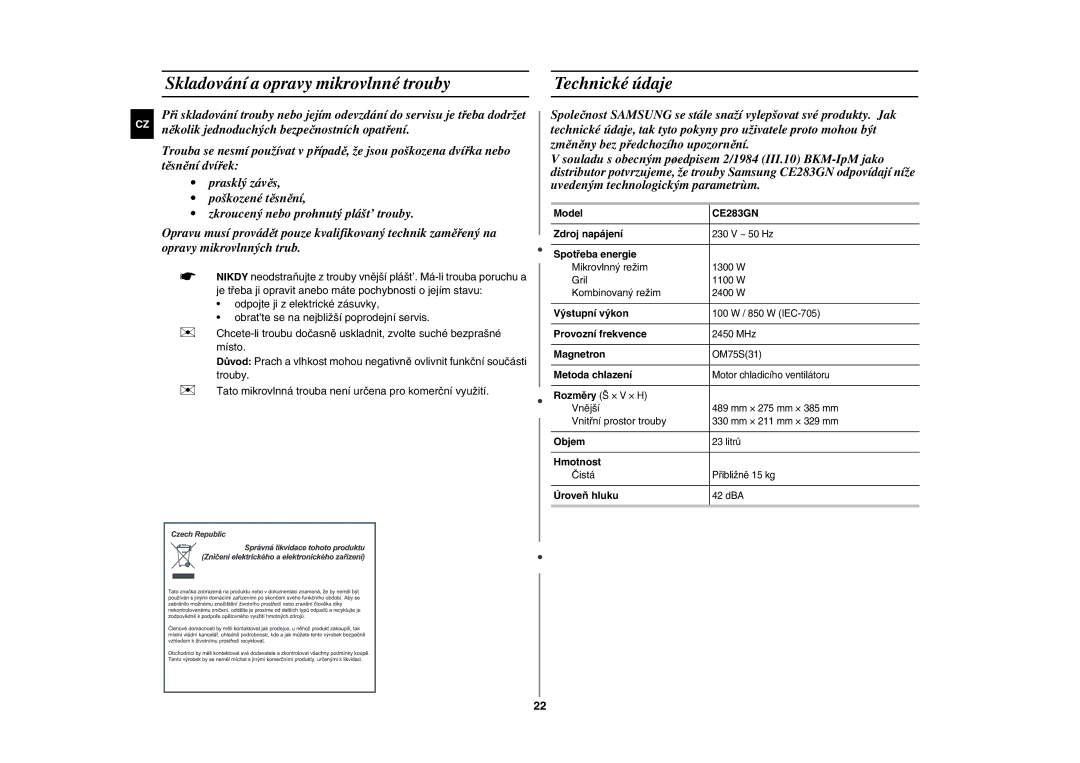 Samsung CE283GN-S/XEH, CE283GN/XEH manual Skladování a opravy mikrovlnné trouby, Technické údaje 