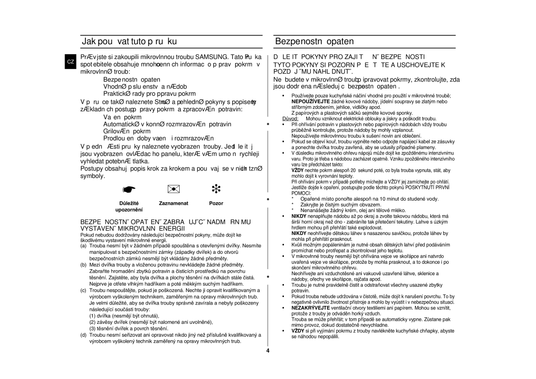 Samsung CE283GN-S/XEH, CE283GN/XEH manual Jak používat tuto příručku, Bezpečnostní opatření, Zaznamenat 