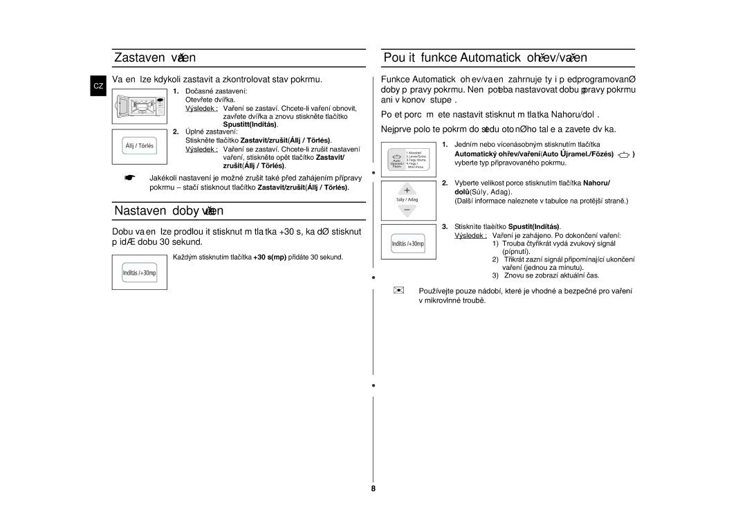 Samsung CE283GN-S/XEH, CE283GN/XEH manual Zastavení vaření, Nastavení doby vaření, Použití funkce Automatický ohřev/vaření 