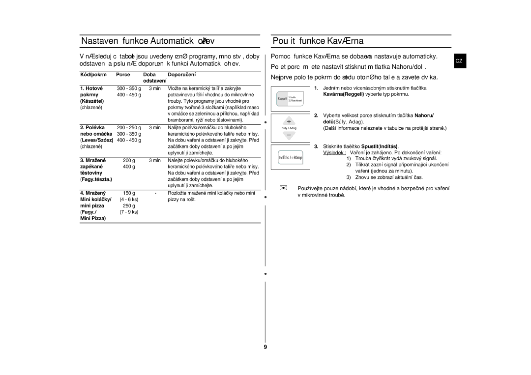 Samsung CE283GN/XEH, CE283GN-S/XEH manual Nastavení funkce Automatický ohřev, Použití funkce Kavárna 