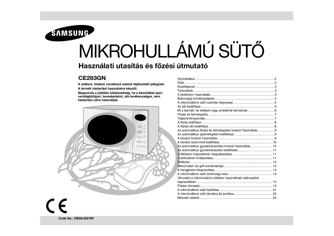 Samsung CE283GN/XEH, CE283GN-S/XEH manual Mikrohullámú Sütő 