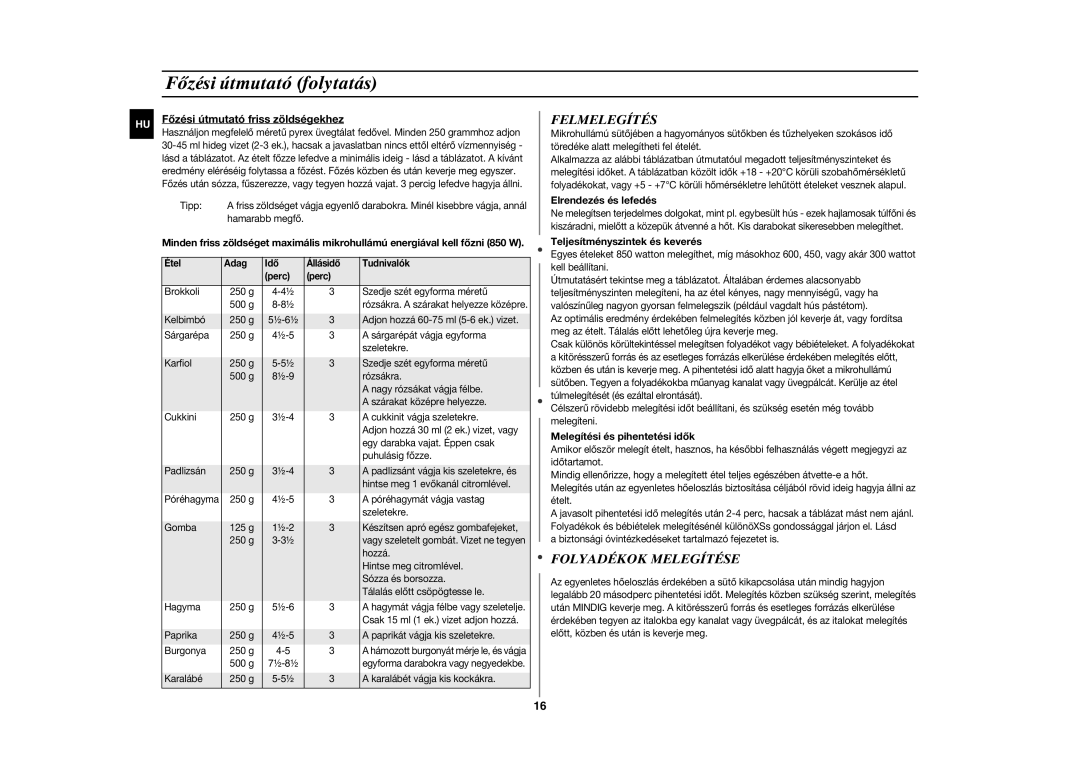 Samsung CE283GN-S/XEH, CE283GN/XEH manual Főzési útmutató folytatás, Felmelegítés, Folyadékok Melegítése 