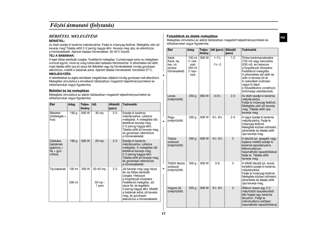 Samsung CE283GN/XEH, CE283GN-S/XEH manual Bébiétel Melegítése, TEJ a Babának, Megjegyzés 