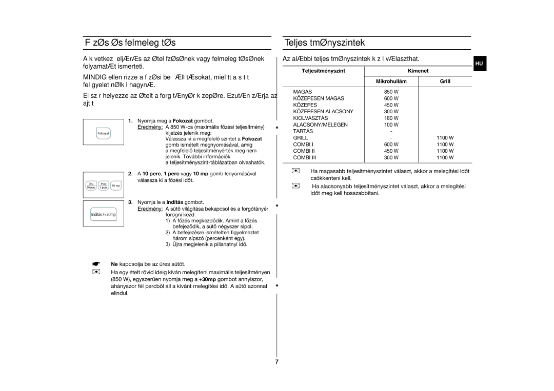 Samsung CE283GN/XEH manual Főzés és felmelegítés, Teljesítményszintek, Az alábbi teljesítményszintek közül választhat 