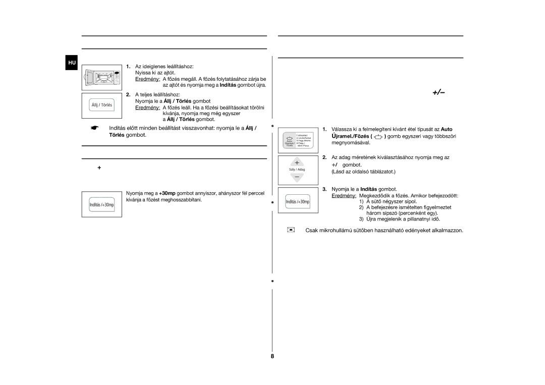 Samsung CE283GN-S/XEH Főzés leállítása, Főzési idő beállítása, Az automatikus főzési és felmelegítési funkció használata 