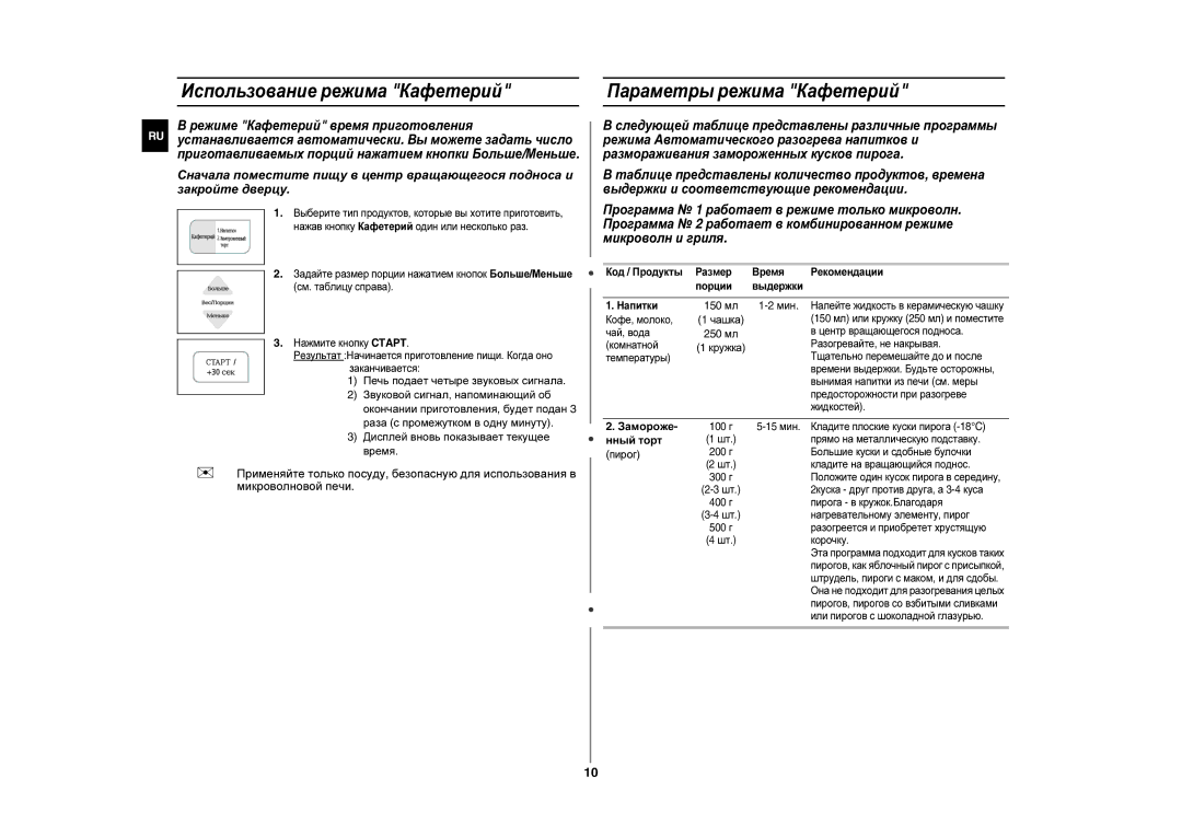 Samsung CE283GNR-S/BWT, CE283GNR/BWT manual Использование режима Кафетерий, Параметры режима Кафетерий, Замороже, Нный торт 