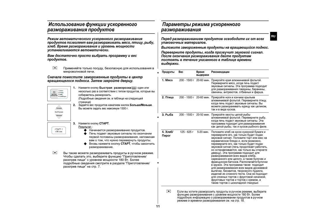 Samsung CE283GNR/BWT Использование функции ускоренного размораживания продуктов,  Начинается размораживание продуктов 