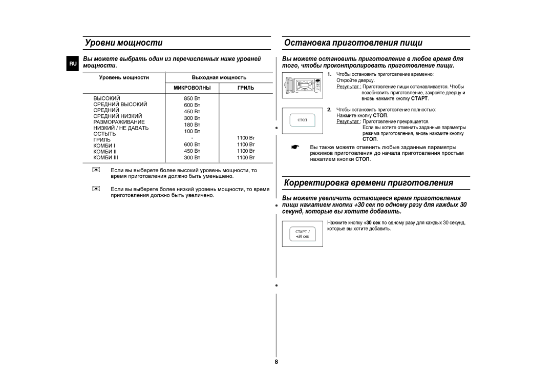 Samsung CE283GNR-S/BWT, CE283GNR/BWT Уровни мощности Остановка приготовления пищи, Корректировка времени приготовления 