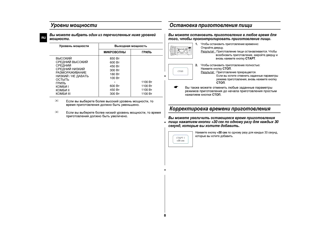 Samsung CE283GNRSD/BWT manual Уровни мощности Остановка приготовления пищи, Корректировка времени приготовления 