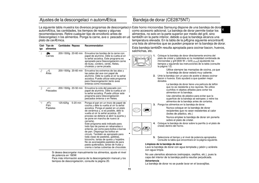 Samsung CE2875NT/XEC Ajustes de la descongelación automática, Bandeja de dorar CE2875NT, Limpieza de la bandeja de dorar 