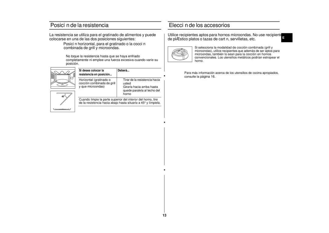 Samsung CE2875NT/XEC, CE2875NT-S/XEC manual Posición de la resistencia Elección de los accesorios 