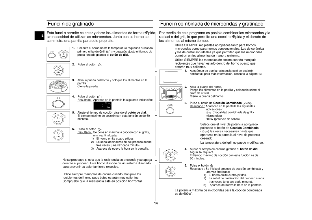 Samsung CE2875NT-S/XEC, CE2875NT/XEC manual Función de gratinado, Función combinada de microondas y gratinado 