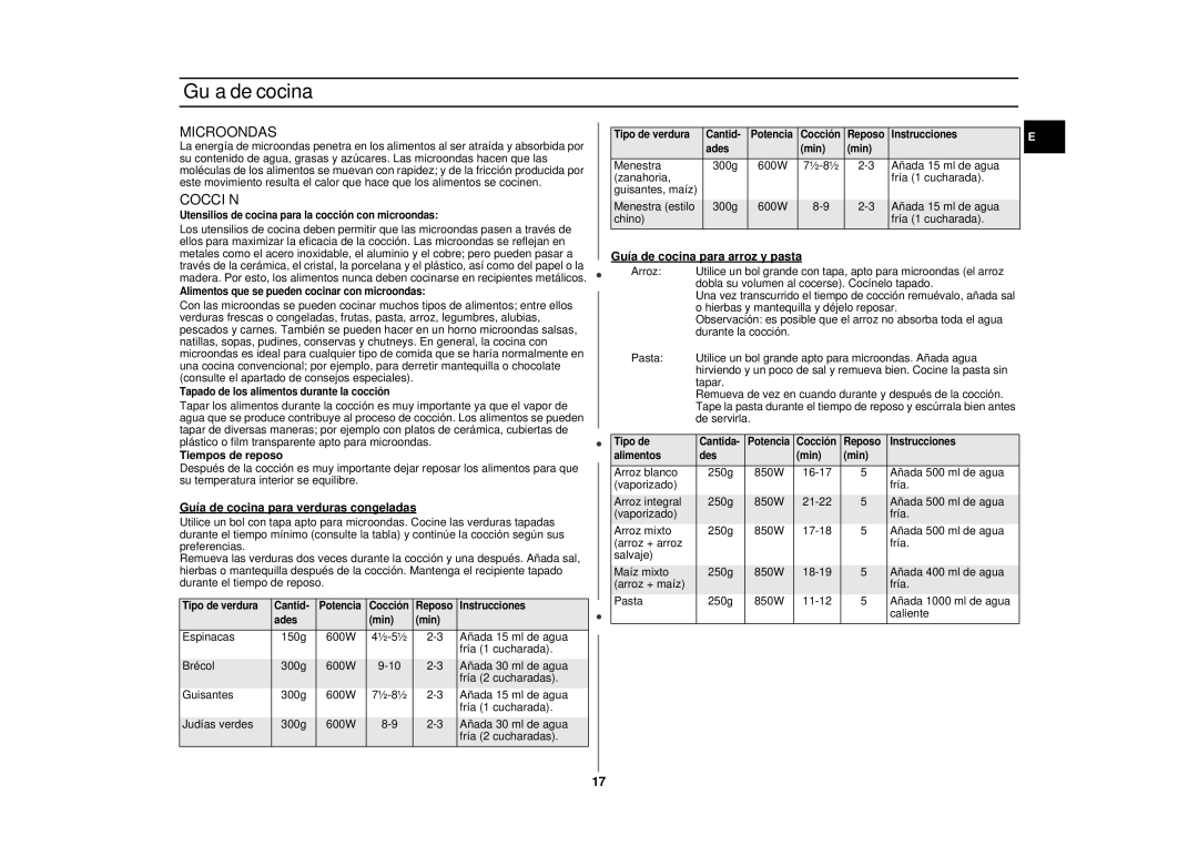 Samsung CE2875NT/XEC, CE2875NT-S/XEC manual Guía de cocina, Microondas, Cocción 