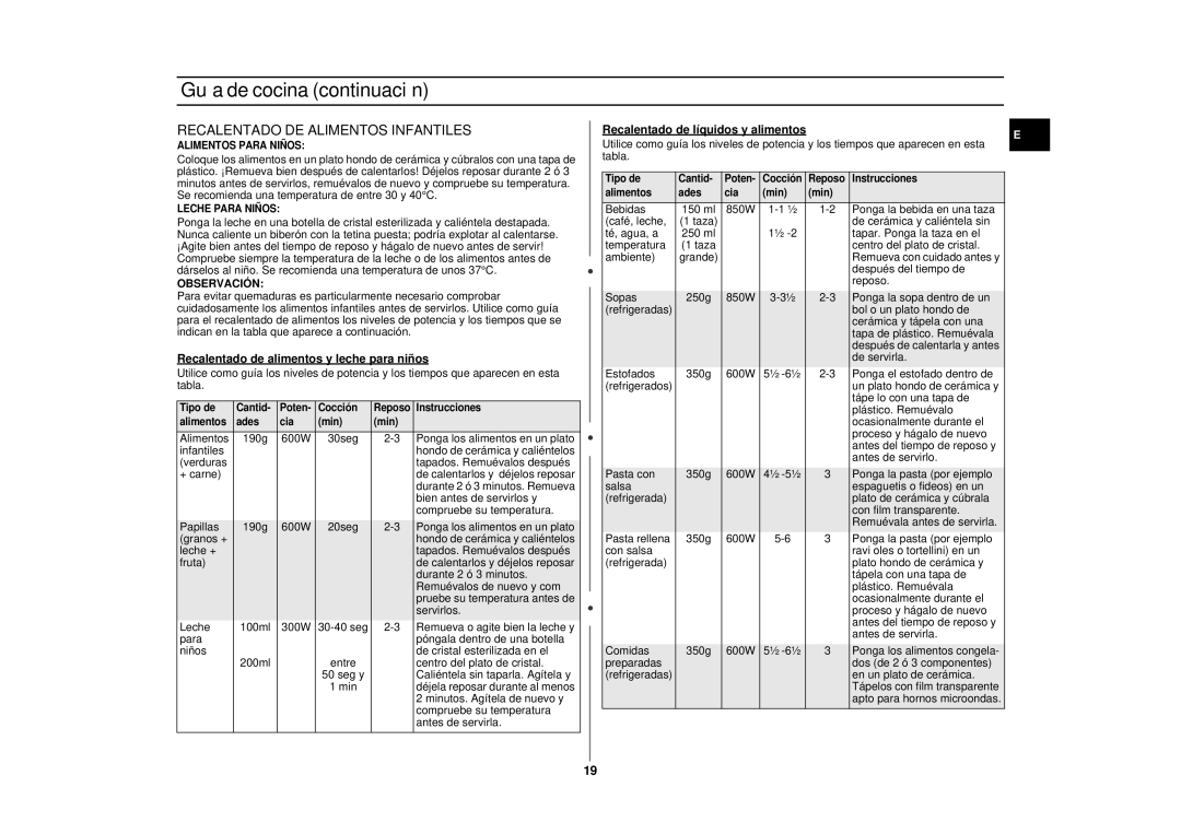 Samsung CE2875NT/XEC manual Recalentado DE Alimentos Infantiles, Observación, Recalentado de alimentos y leche para niños 