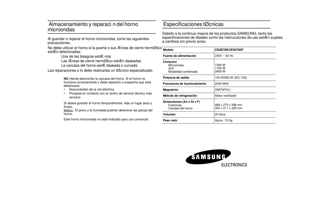 Samsung CE2875NT-S/XEC, CE2875NT/XEC manual Almacenamiento y reparación del horno microondas, Especificaciones técnicas 