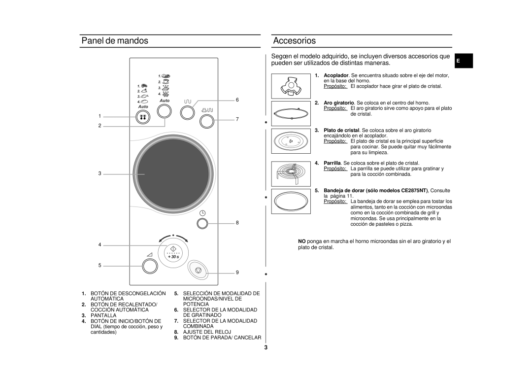 Samsung CE2875NT/XEC manual Panel de mandos Accesorios, Bandeja de dorar sólo modelos CE2875NT , Consulte la página 