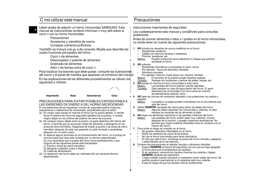 Samsung CE2875NT-S/XEC, CE2875NT/XEC Cómo utilizar este manual, Precauciones, Importante Nota Advertencia 