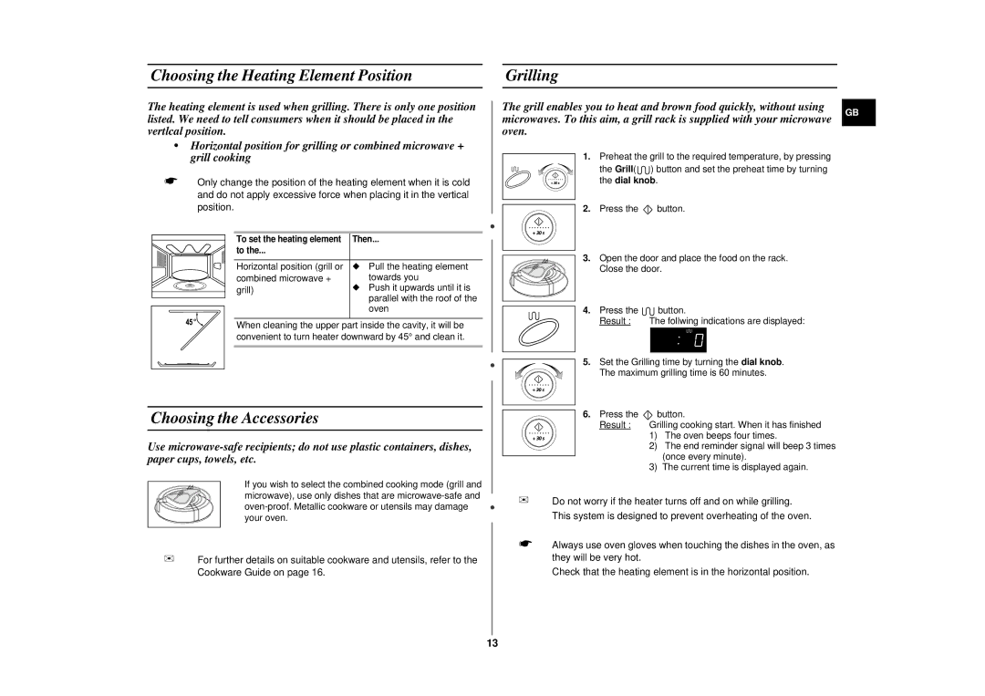 Samsung CE2877N/XEG, CE2877N/SAM manual Choosing the Heating Element Position Grilling, Choosing the Accessories 