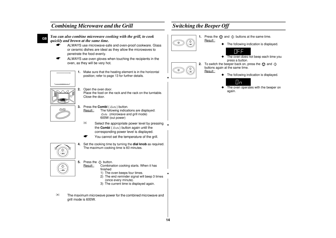 Samsung CE2877N/SAM, CE2877N/XEG manual Combining Microwave and the Grill Switching the Beeper Off 