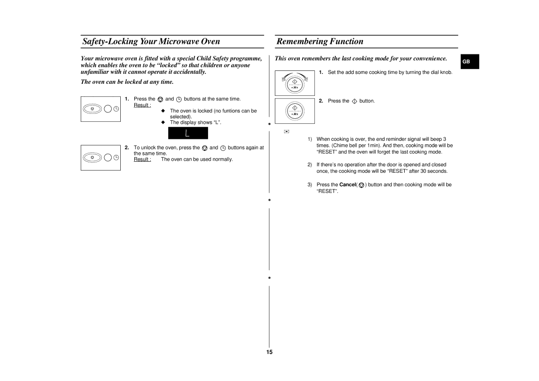 Samsung CE2877N/XEG, CE2877N/SAM manual Safety-Locking Your Microwave Oven, Remembering Function, Press Button 