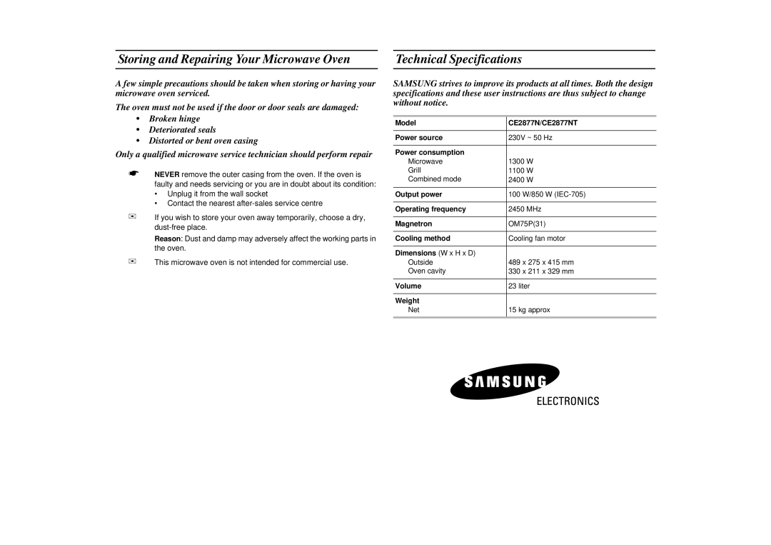 Samsung CE2877N/SAM, CE2877N/XEG manual Storing and Repairing Your Microwave Oven, Technical Specifications 