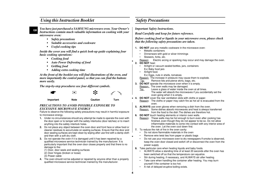 Samsung CE2877N/SAM, CE2877N/XEG manual Using this Instruction Booklet, Safety Precautions, Do not heat 