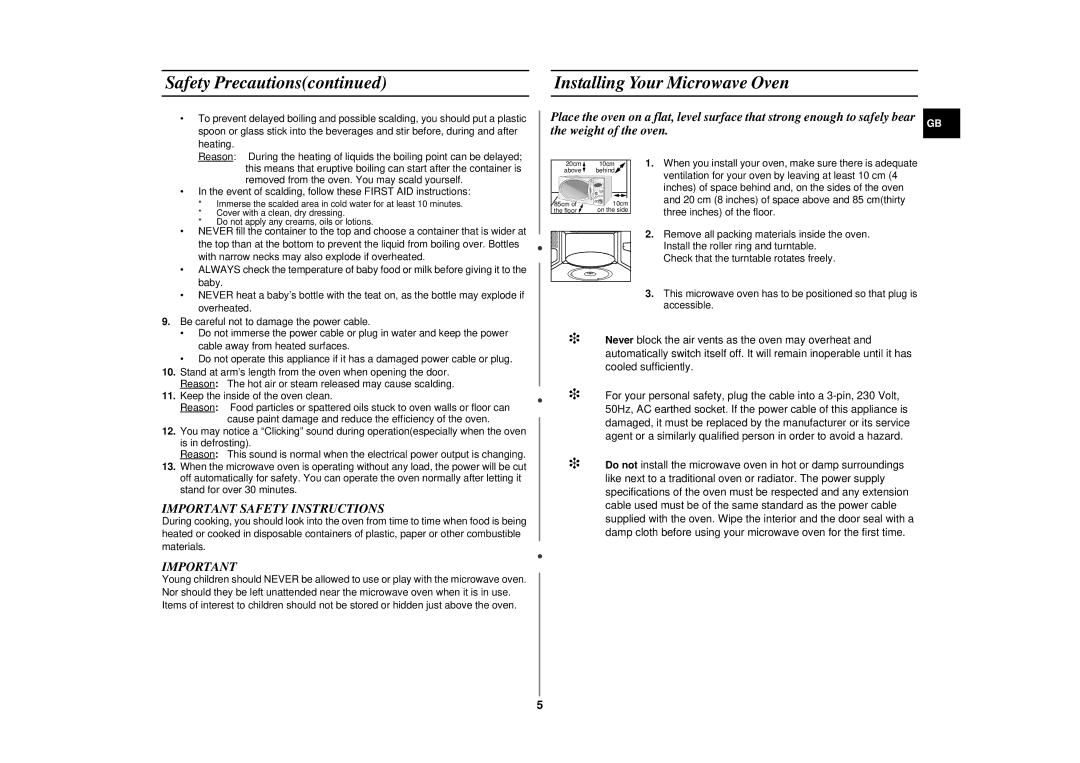 Samsung CE2877N/XEG, CE2877N/SAM manual Safety Precautions Installing Your Microwave Oven, Important Safety Instructions 