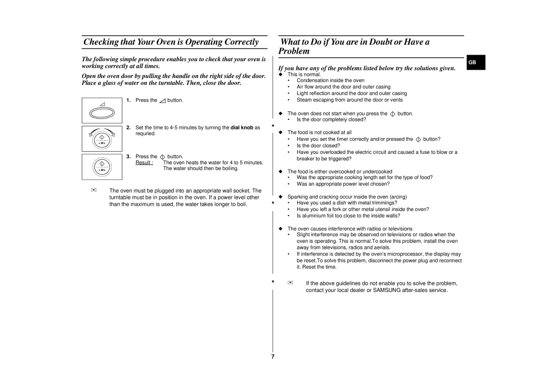 Samsung CE2877N/XEG manual Checking that Your Oven is Operating Correctly, What to Do if You are in Doubt or Have a Problem 