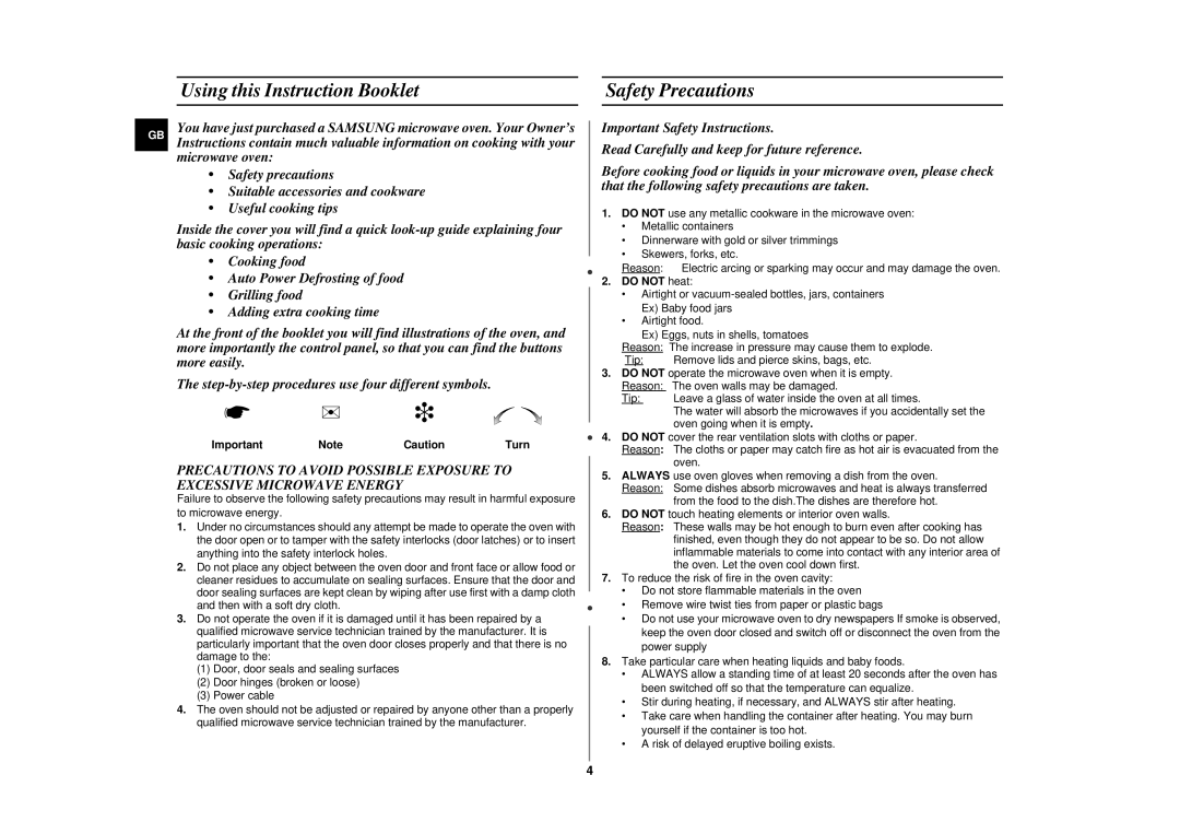 Samsung CE2877NT-S/GEN manual Using this Instruction Booklet, Safety Precautions, Do not heat 