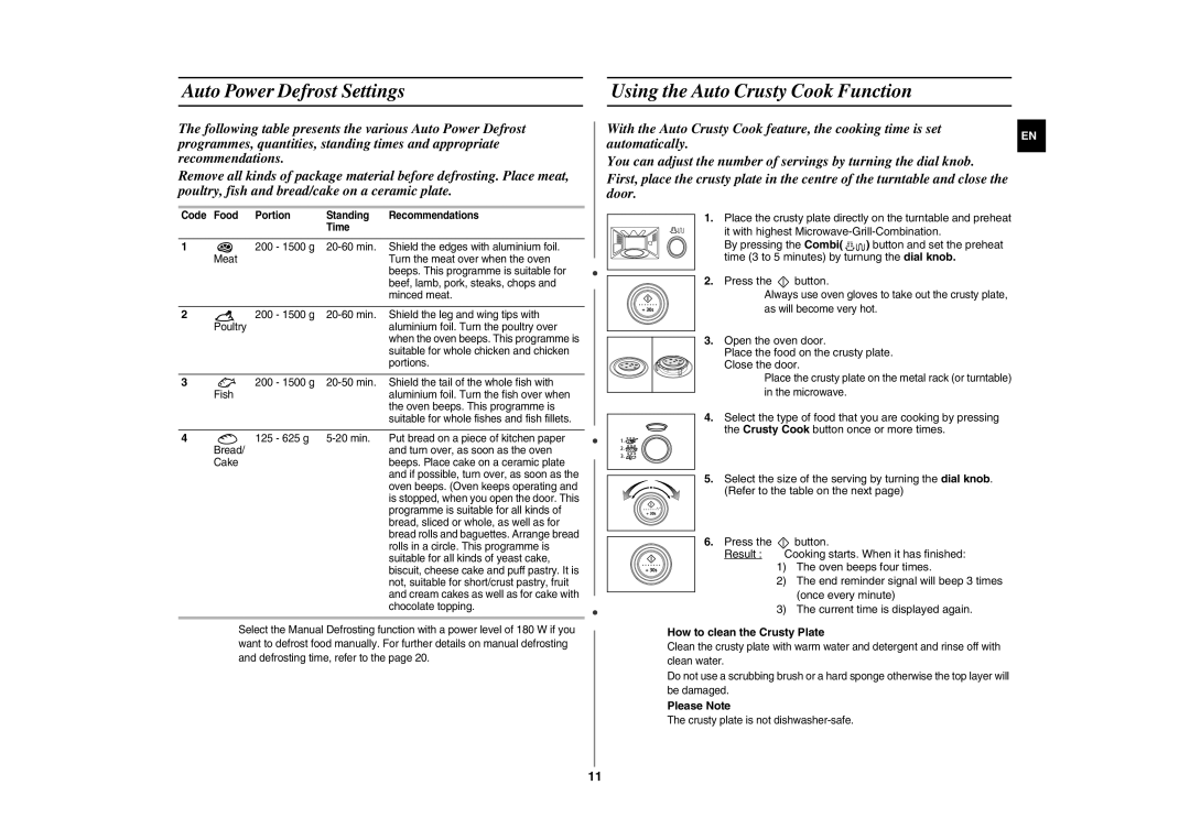 Samsung CE287AST/ELE Auto Power Defrost Settings, Using the Auto Crusty Cook Function,  How to clean the Crusty Plate 