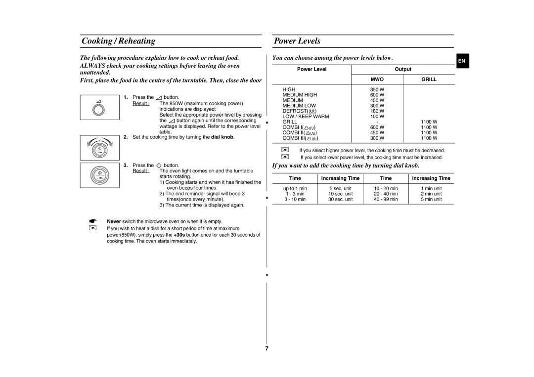 Samsung CE287AST/ELE, CE287AST/BOL Cooking / Reheating Power Levels, You can choose among the power levels below, Grill 