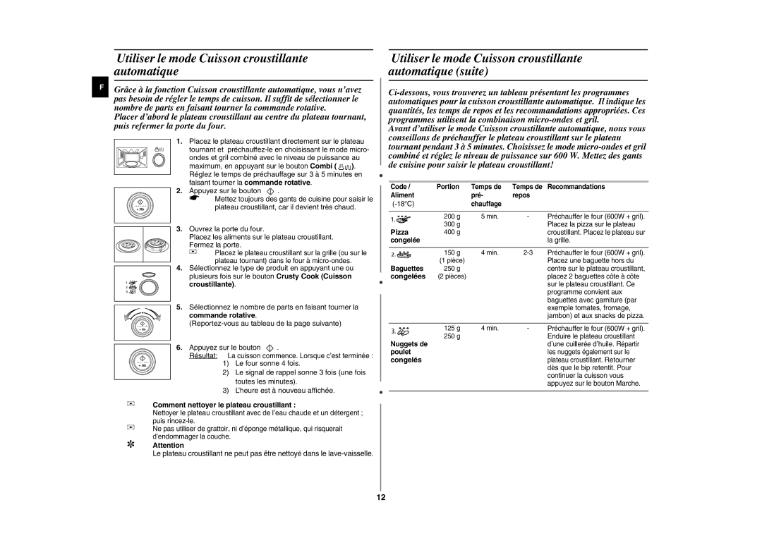 Samsung CE287AST/XEF manual Utiliser le mode Cuisson croustillante automatique 