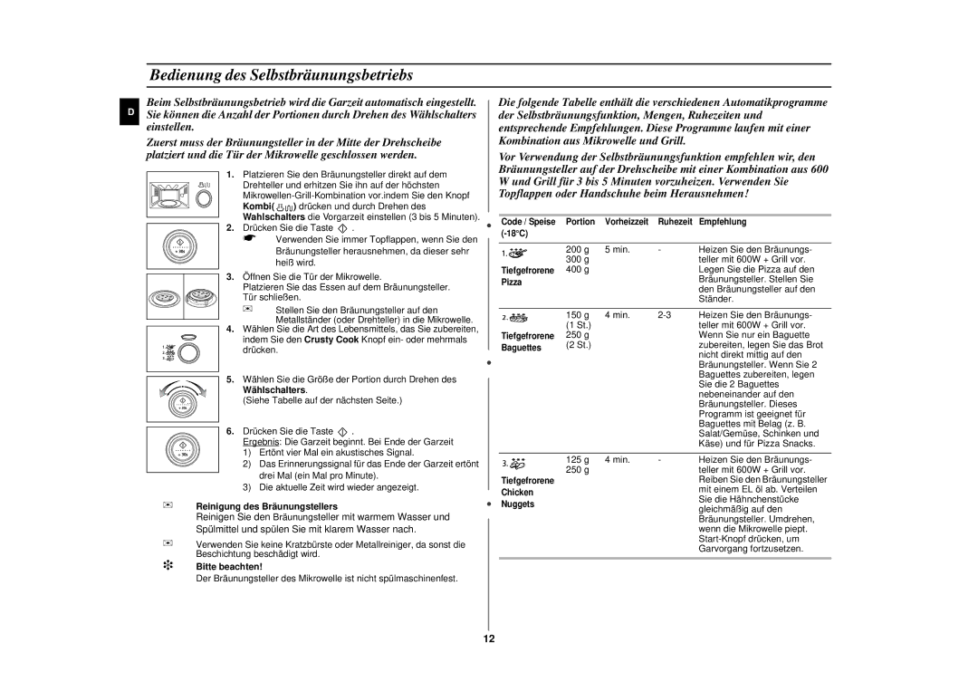 Samsung CE287AST/XEG manual Bedienung des Selbstbräunungsbetriebs, Reinigung des Bräunungstellers, Bitte beachten 