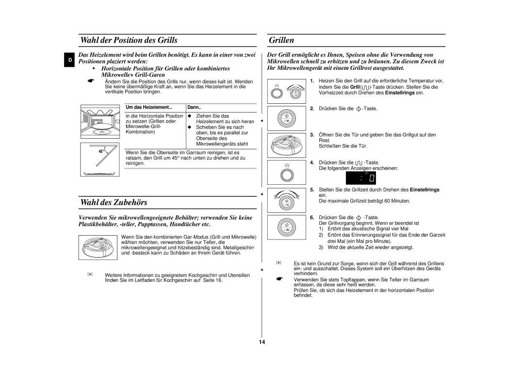 Samsung CE287AST/XEG manual Wahl der Position des Grills, Wahl des Zubehörs, Grillen 