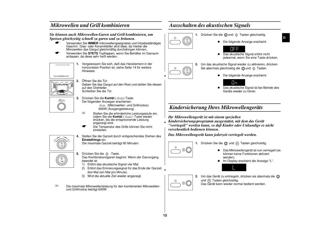 Samsung CE287AST/XEG manual Mikrowellen und Grill kombinieren, Ausschalten des akustischen Signals 