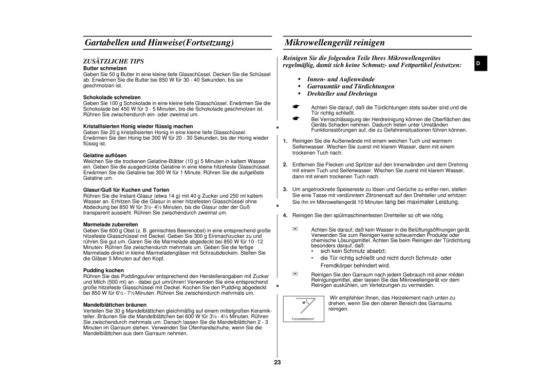 Samsung CE287AST/XEG manual Mikrowellengerät reinigen, Zusätzliche Tips 